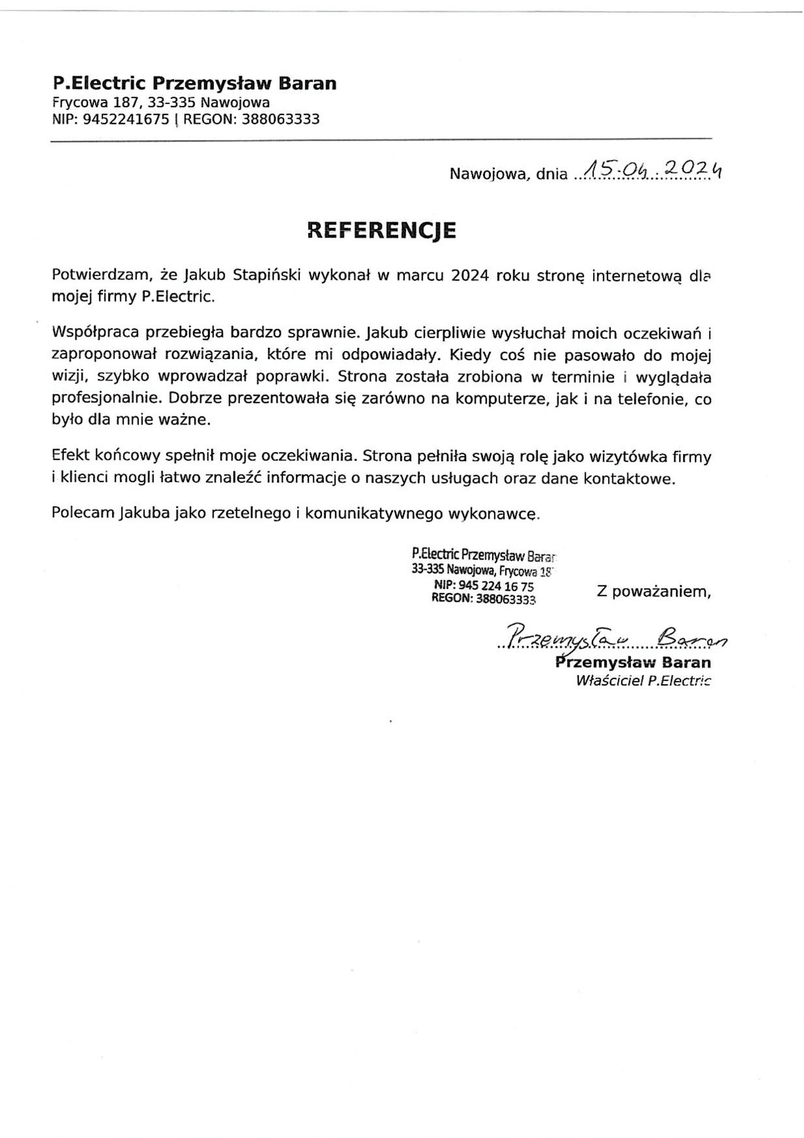 P. Electric Przymysław Baran rekomendacja
